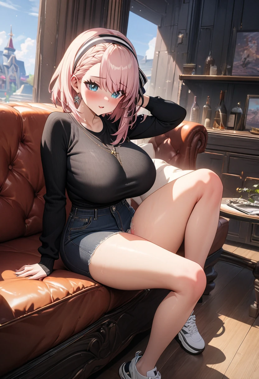 A cafe with an open terrace overlooking the sea,Day,Windows,Sitting on the couch, Beige shirt,mini skirt, Put your arms behind your back, clavicle, chestの谷間, black eye, Headphones,Pink Hair,bangs,Single Blade, 1 girl, 20 years,young woman,beautiful Finger,beautiful long legs,beautiful body, beautiful Nose,beautiful character design, perfect eye, perfect face,expressive eye,Perfect balance, View your viewers,(Focus on her face),Mouth closed, (Innocent_big_eye:1.0),(Light_笑face:0.3), Official Art,Very detailed CG ユニティ 8k 壁紙, Perfect lighting,colorful, bright_front_face_Lighting,White skin, (masterpiece:1.0),(Highest_quality:1.0), 超High resolution,4K,Very detailed, photograph, 8k, High resolution, High resolution, Absurd:1.2, Kodak Portrait 400, Film Grain, Blurred Background, Bokeh:1.2, Lens flare, (Vibrant_color:1.2),プロのphotograph, (beautiful,big_chest:1.5), (beautiful_face:1.5),(narrow_Waist),