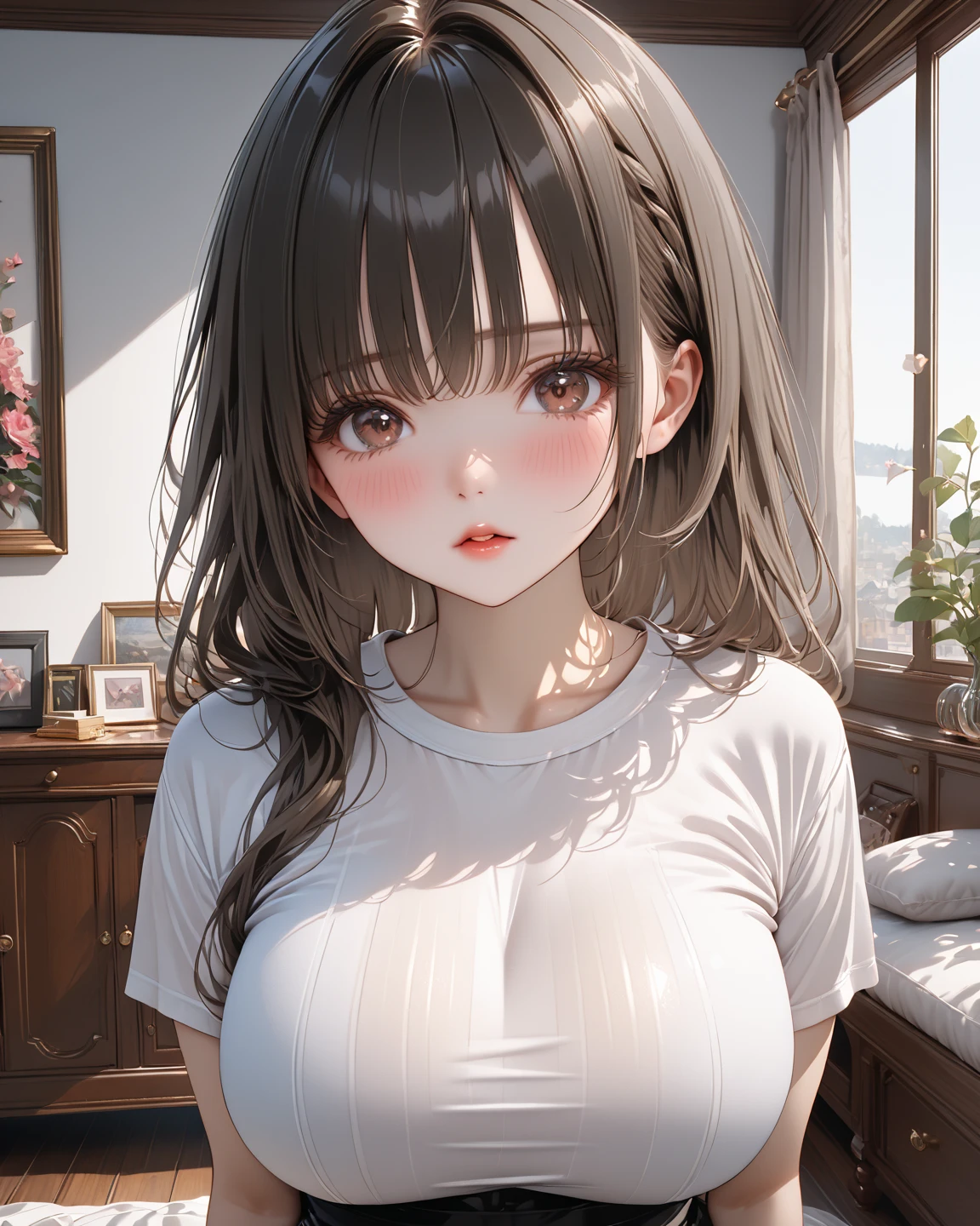 American girl of 18, video gamer, wearing translucent short T-shirt, black hair, sensuale, ((blush: 0.8)), natural skin texture, 4K textures, highly detailed, insane details, faint colors , ((long wavy hair)), ((smile on face: 0.4)), (no panties: 0.2), ((looking directly at the camera)), ((tilted head: 0.8 )), ((big breasts:1)).