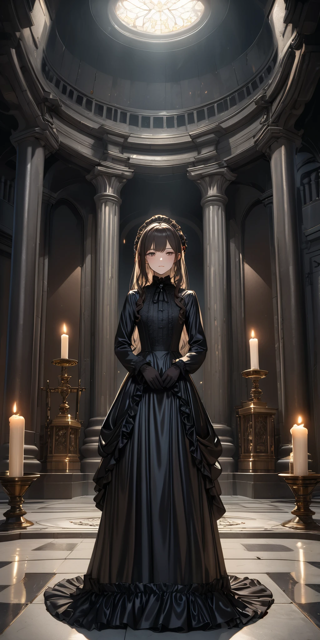 full body photo, low candle light、(Masterpiece, top quality, Ultra High Resolution ), Highly Detailed CG, Japanese woman,(( beautiful face)),(( long sleeve long Victorian style dress made of shiny black silk satin))、((The dress has a simple design without embellishments)),Ruffled Skirt、(Well-fitting black silk satin dresd)、black silk satin gloves ,((standing in a masoleum with low candle light)), is a ghost woman, appears ghostly like,