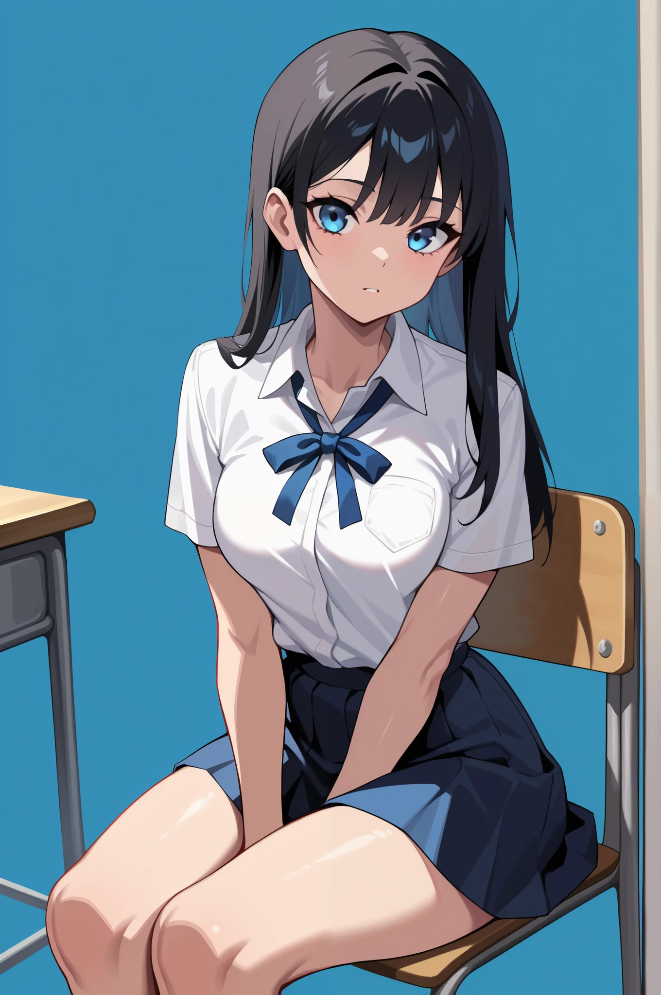 (masterpiece, ultra high definition, 16k, RAW photo, intricate), sharp focus, crisp details, 1girl , Look the viewer straight in the eye, bright expression, Classroom at a School with No One, school chair, sitting chair, black hair, long hair, shiny hair, blue eyes, medium breasts, school uniform, white shirt, blue neck ribbon, blue skirt, (cowboy shot), (Simple Background), blur the background