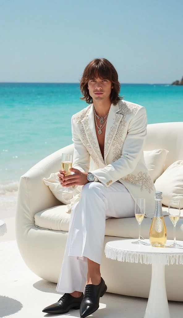 A photo of Zane sipping champagne in a luxurious outdoor hot tub, surrounded by beautiful women in swimsuits, with the stunning views of Ibiza's coastline in the background.,original,a flamboyant and notorious DJ, is known for his ostentatious style, often sporting flashy designer outfits, oversized sunglasses, and a constantly changing, bold hairdo, making him a conspicuous figure in the party circuit. His appearance screams excess and indulgence, matching his larger-than-life persona that’s constantly documented and flaunted on social media.