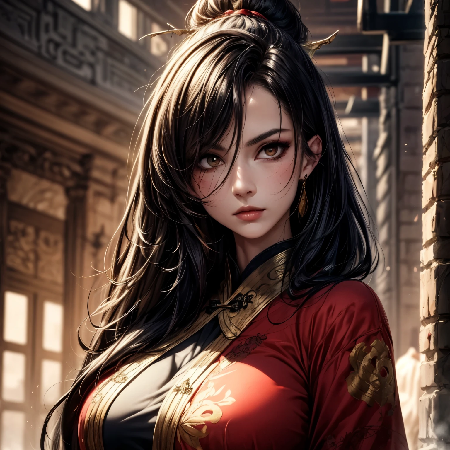 ((best quality)), ((Masterpiece)), ((Enrich the picture,Masterpiece level quality)), black hair, high ponytail, very big breasts, golden eyes, fierce woman, ultra eyes details, best quality, RAW 4K, Realistically, ( cinematic lighting, moody, textile shading), perfect proportions, ultra detailed, volumetric lighting, soft lighting, glossy skin, beautiful face, Special face details, strong emotions, elegant gesture, Detailed facial features, Long eyelashes, contrast, Incredible atmosphere, Fascinating setting, Haunting beauty , Fei Yu_robes , red cloth , Gold Embroidery , black embroidered gold, Ancient Chinese scenery,