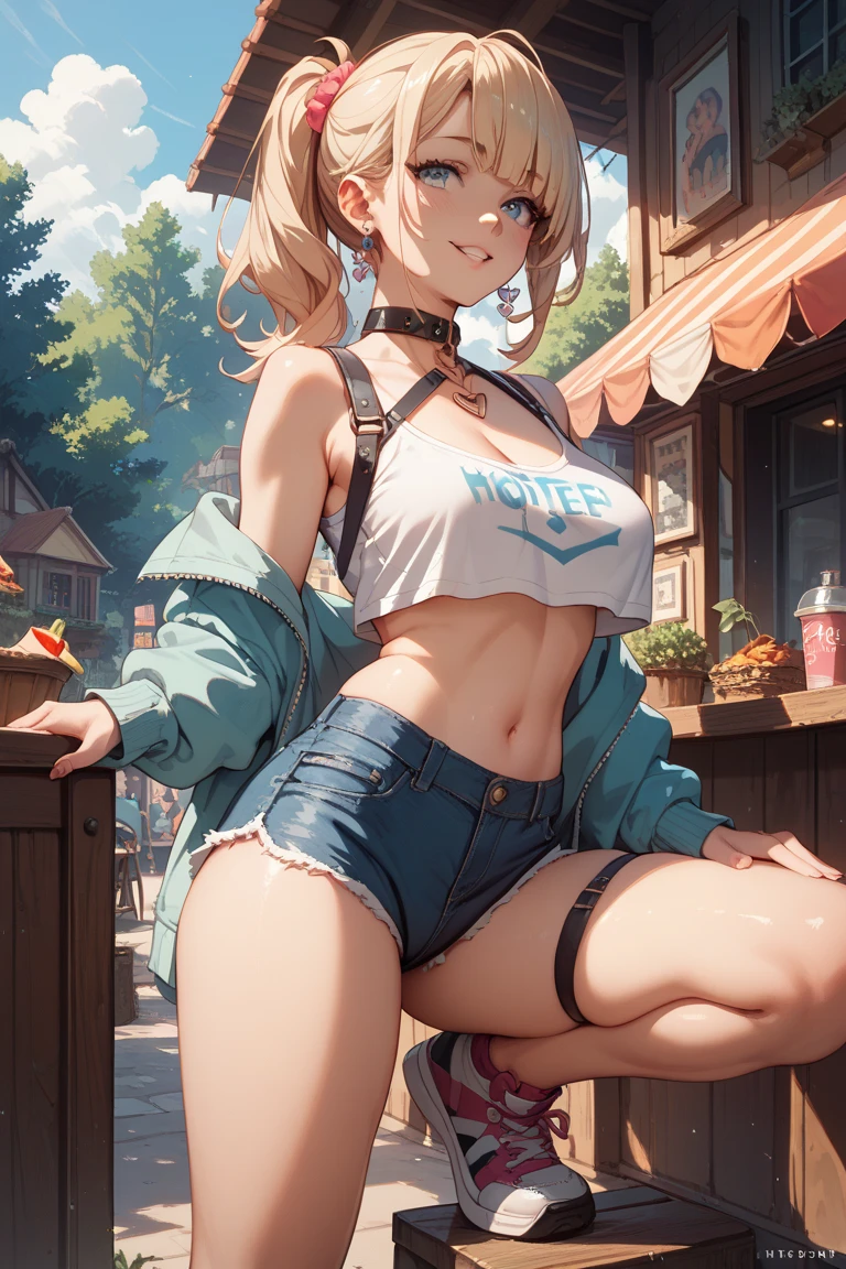 1girl, solo, blonde hair, green eyes, fringe, Cleopatra hair, sexy smile, in tech room, sitting on ground puppies on floor, bucket in front of her legs, underwear only, black lace-trimed bra, black lace-trimed panties, sit on seat spread legs, sneakers, bucket between her pantie