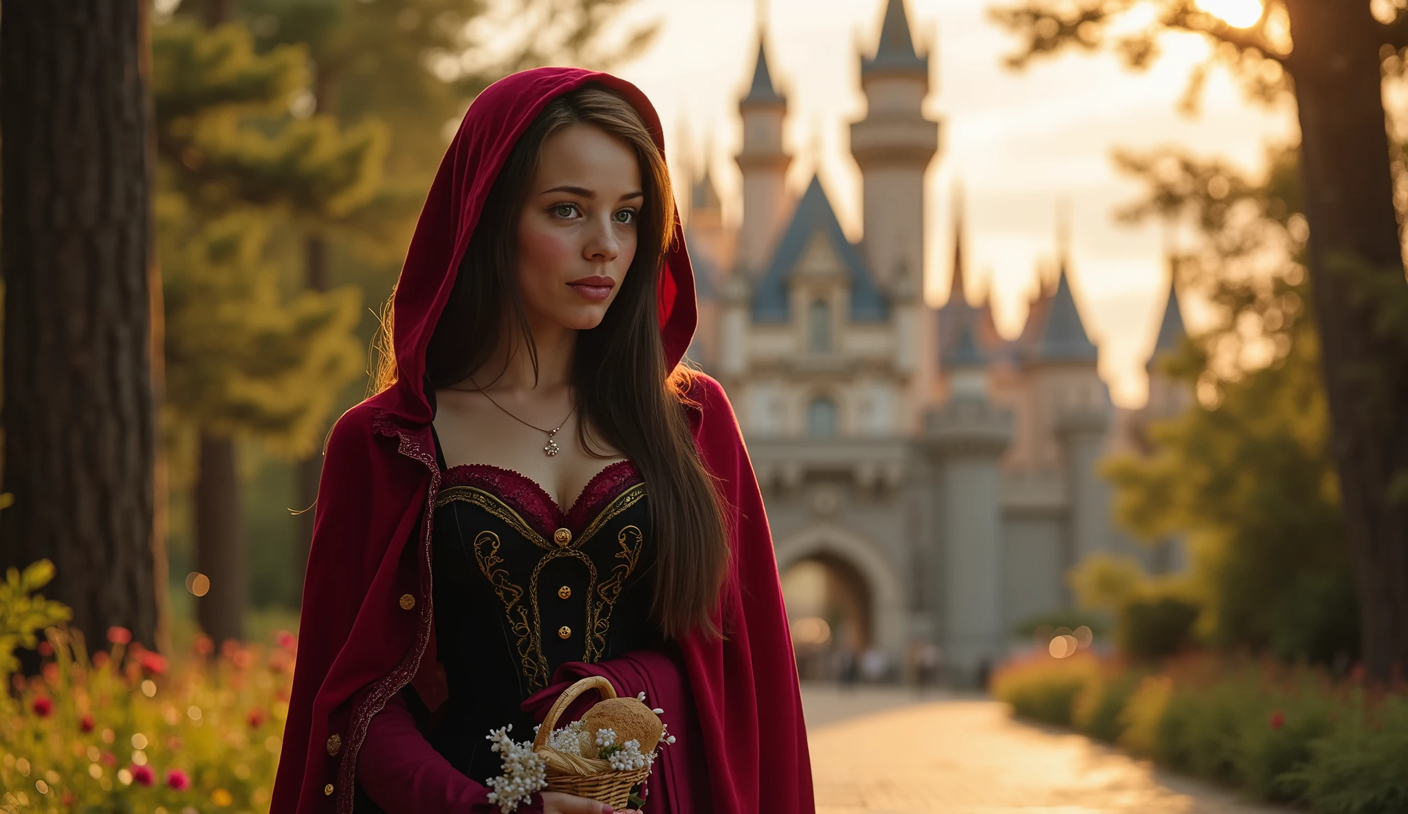 A hyper-realistic, cinematic full-body portrait of Red Riding Hood standing gracefully in front of a majestic fairytale castle, bathed in the warm glow of the afternoon sun. Her deep crimson cloak, made of rich velvet, drapes elegantly over her shoulders, the fabric catching the golden light as it sways gently in the breeze.Her piercing green eyes, full of innocence and quiet determination, gaze softly into the distance. Her porcelain-like skin glows under the sunlight, with a natural flush on her cheeks. Her dark, wavy hair cascades down from beneath her hood, framing her delicate features.She wears a traditional corset-style dress in deep red and black, intricately embroidered with golden floral patterns. The fitted bodice accentuates her regal yet delicate presence, while the flowing skirt moves naturally with the breeze. A woven basket hangs from her arm, filled with flowers and a wrapped loaf of bread, symbolizing her classic fairytale origins.The Disney-style castle towers behind her, its golden spires gleaming in the soft afternoon light. The surrounding forest edge is alive with glowing fireflies, adding to the enchanted atmosphere. A faint mist lingers over the cobblestone path, as if magic itself drifts through the air.Rendered in 8K ultra-detail, cinematic natural lighting, realistic fabric textures, lifelike hair strands, and a soft background bokeh for depth, making her appear truly real