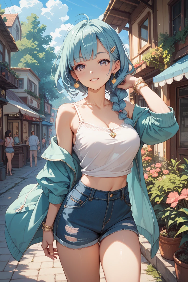 Anime Moe Art Style,highest quality,High resolution,Anatomically correct,One Girl,Mid-teens,A girl with light blue hair in a ponytail,Super detailed,Fantasy World,Tank top,hot pants,Big Breasts,A rich expression,Laughing with your mouth open,early morning,Outdoor,jogging,Eyes drawn in detail,hair ornaments,necklace,bracelet,ring,8K
