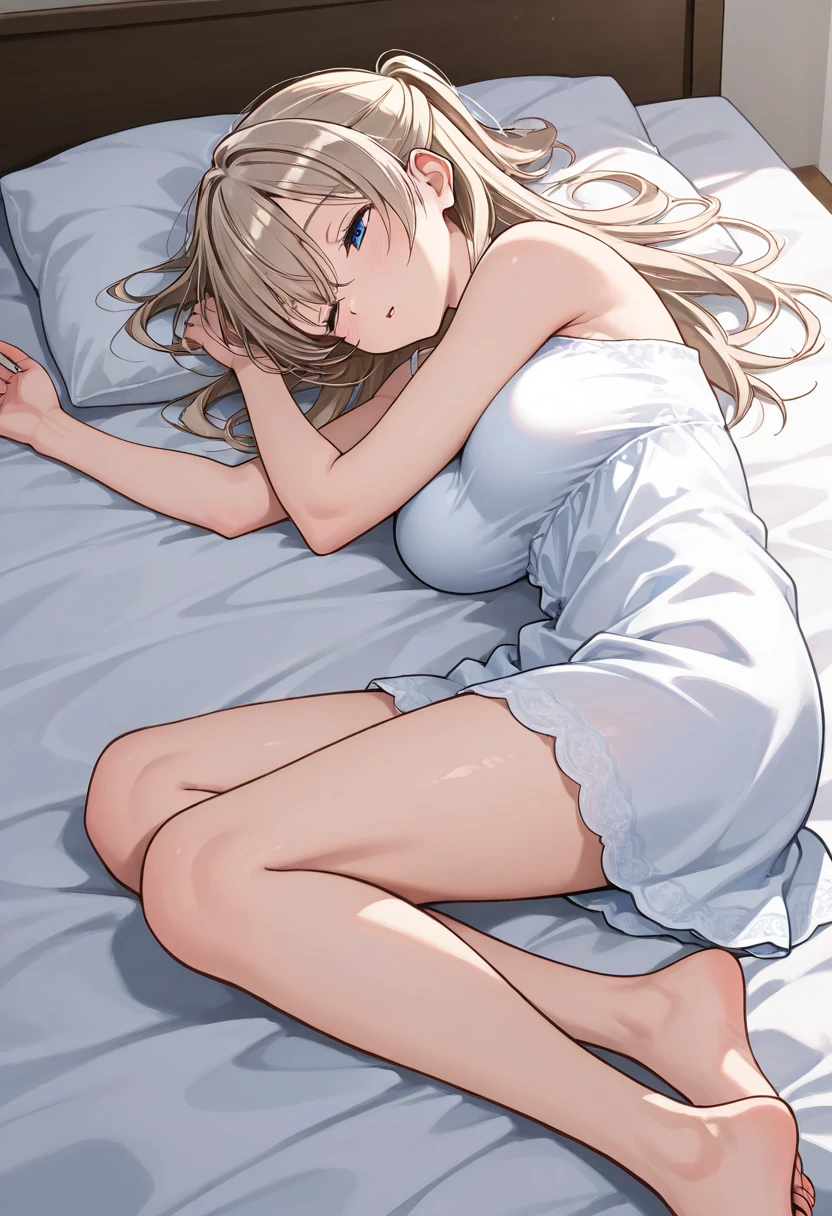 In the dim light Alice lay on her side, back to him. She was wearing a simple nightgown, which fell to the knees, its fabric was quite thin, to expose the outline of her body. Her legs were long and toned, framed by a pair of silky thigh-high stockings..