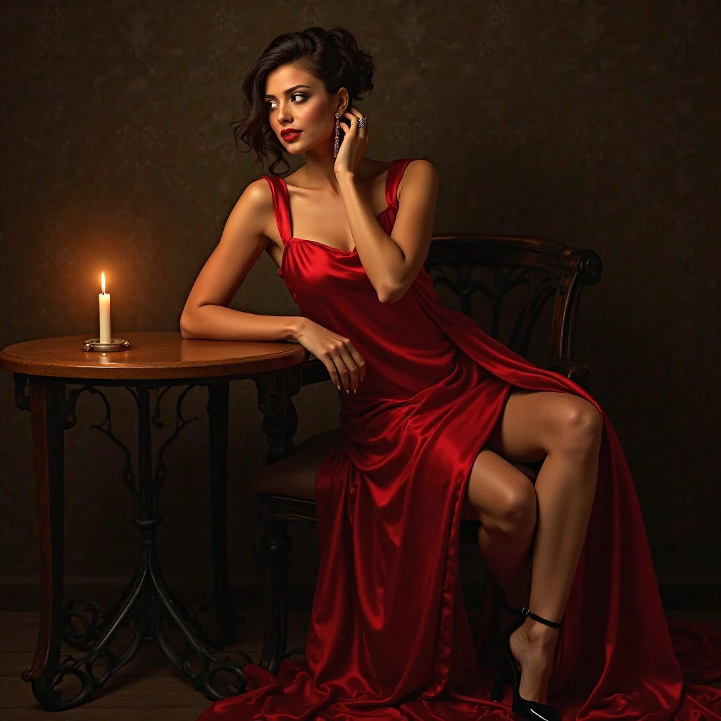 A beautiful girl with long hair in a red long dress with a slit sits on a white leather armchair portrait mode looks at the camera against a background of magical smoke atmosphere of magic and magic high detail best quality golden hour style realism