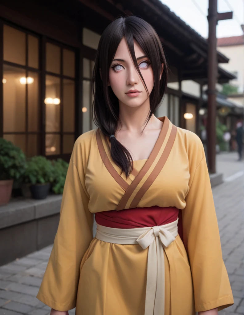 Hanabi hyuga A woman was standing in front of the house. She had brown hair. Straight up. Long. Unraveling. With the front end in a little bundle. And the rest unravel. He had a dark yellow kimono. With an orange line. With a dark-red obi And a bright red skirt. Her clothes look so tight. Thus making the curves of his body trace. Her boobs are exposed too. Because the kimono splits slightly. Showing her big, round breasts. He had a white as snow. With her rosy cheeks. And little pink lips. Looked into the camera. And smile. Looking so pretty and realistic