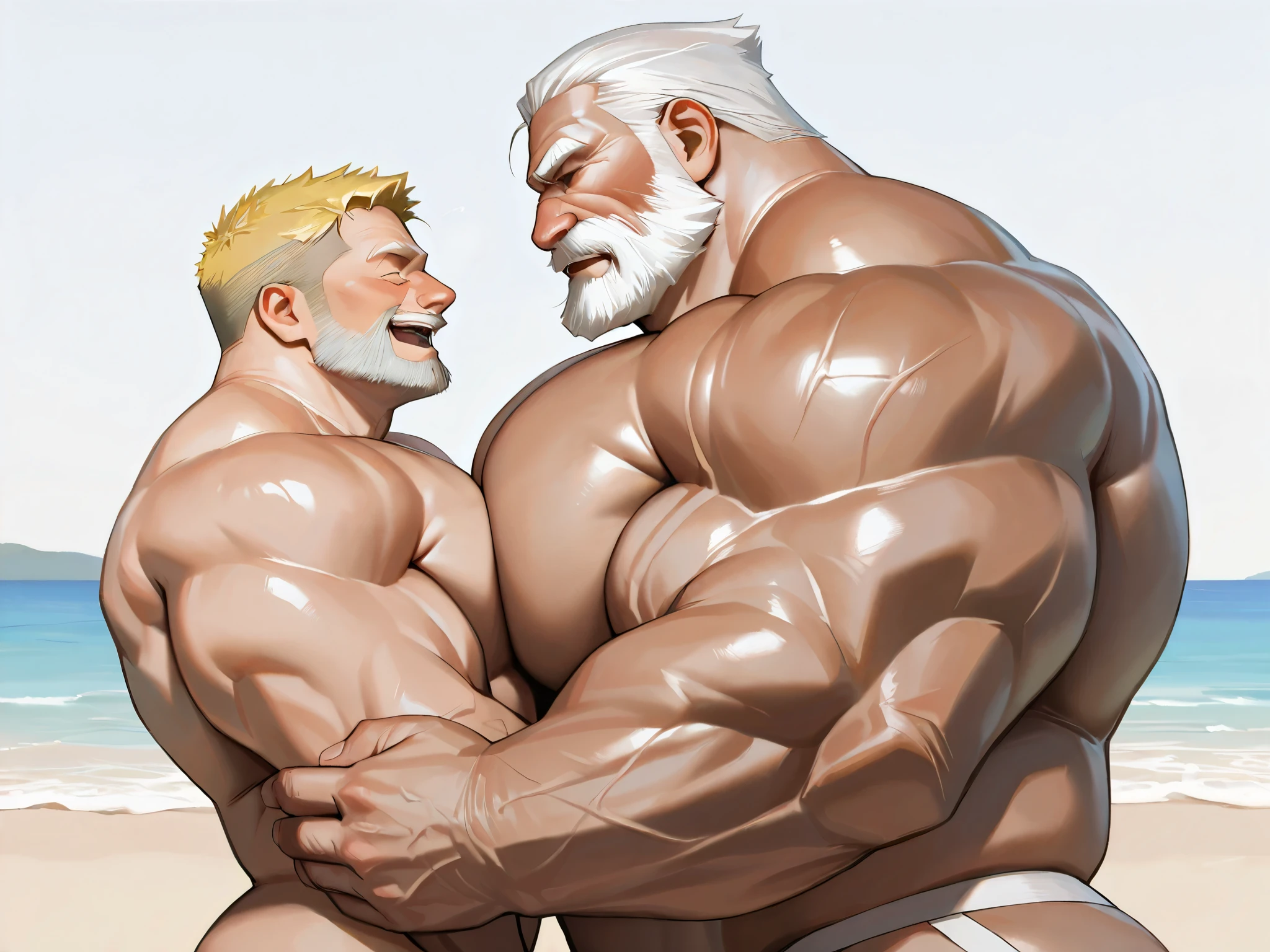 2man, massive muscular old man jockstrap in beach, side view, (old man cuddle on chest, (massive muscular, giga, bara, big arm, biggest arm, biggest muscular, biggest chest , big chest, big pec, massive pectoral, big bicep, open eyes, detailed eyes, eyes, extremely detailed muscle, short hair, white bearded, yellow hair, human, old, old man), masterpiece, 8k, high detail, f/1.8, 135mm, Nikon, UHD, retina, masterpiece, curate, anatomically correct, textured skin, super detail, high details, high quality, best quality, highres, 1080P, HD, 4K, 8k