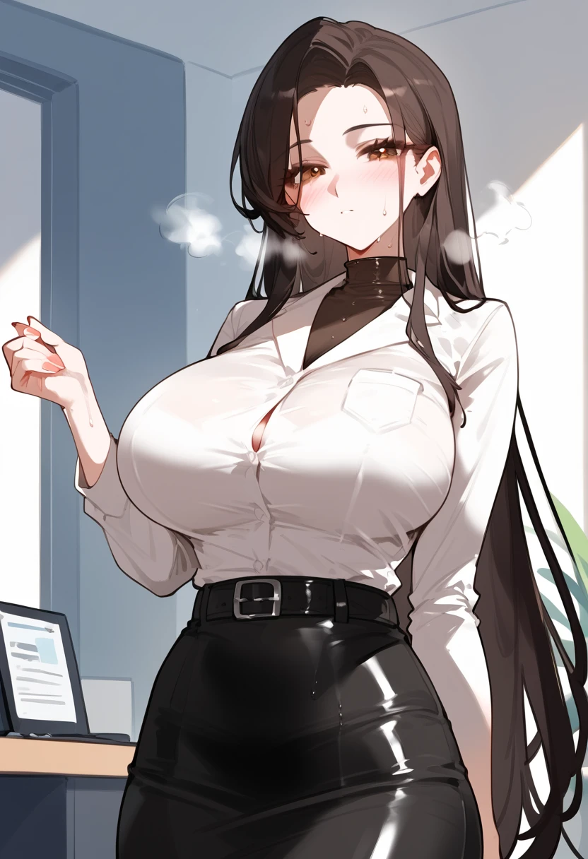 long hair, flowy black hair ,perky big breasts, perfect body,black turtle neck,office attire,leather belt, Brown eyes,sweaty, steam coming out of mouth, blushing, she is 24 years old, style_3, solo, sexy pose, 3/4 body shot