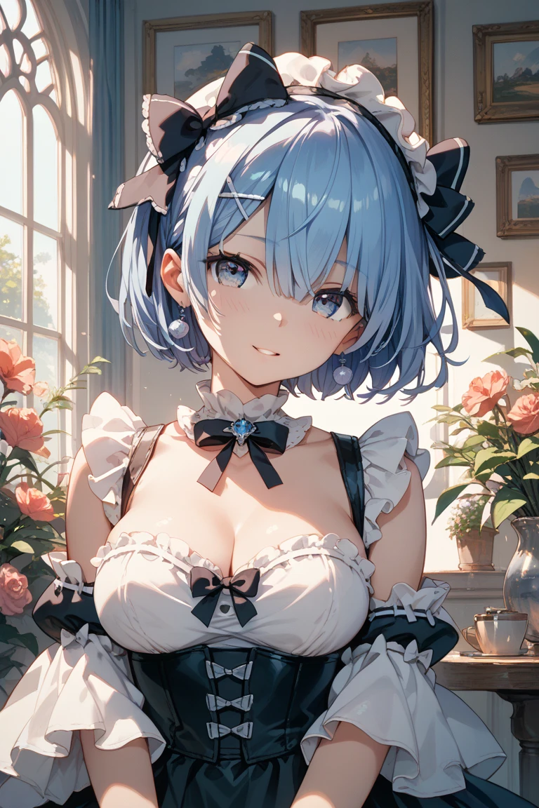 Againm \(Again:zero\), One girl, alone, bAgainasts, View your viewers, blush, smile, short hair, Open your mouth, bangs, meDium bAgainasts, hair ornaments, DAgainss, ribbon, Animal ears, Nipples, Blue Hair, hair ribbon, :D, heart, Frills, Removable sleeves, teeth, Cat ear, Pink Eyes, Hair on one eye, apron, black DAgainss, Maid, Symbol-shaped pupil, Maid heaDDAgainss, black ribbon, heart-shapeD pupils, frilleD DAgainss, bAgainasts out, x hair ornaments, waist apron, white apron, pink ribbon, roswaal mansion Maid uniform, indoor