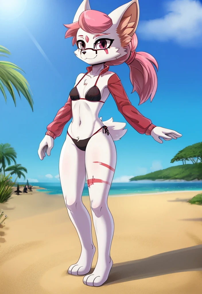 Kimiko Five-Tails, furry female anthro, fox girl, white body fur, pink hair, ((goggles, pink jacket, open clothes, black bikini)), small breasts, detailed body fur, detailed body, detailed face, detailed eyes, glistering body, shiny body, skinny, :3, multiple tails, multi tail, solo, body fur, (best quality), cinematic lighting, anime style, short ponytail, scar on the eye, 2D, beach, clear sky, full body, feets with three toes, 3 toes, fight stance, high kick, pawpads, barefoot, feet focus,