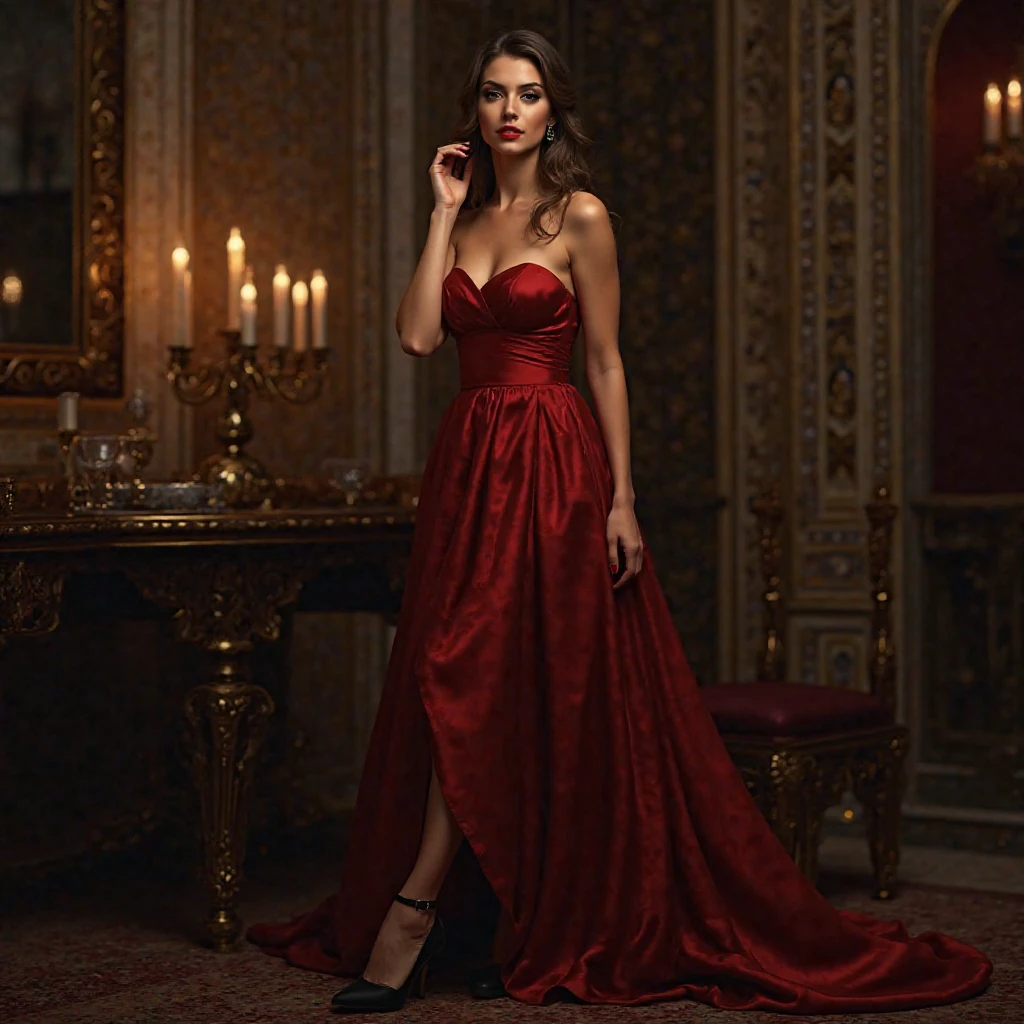 Beautiful brunette woman wearing a crimson ballgown lifting her skirt to show off her high heels, mascara and dark red lipstick, long curly brown hair in a fancy partial updo, onyx-and-ruby tiara, ruby earrings, black satin choker with a large ruby pendant, crimson ballgown with a full, floor-length skirt. The bodice is a corset with a halter top, a sweetheart neckline, and a V waist, with black lace trim and black beading. The crimson satin skirt has black lace trim and beading in patterns near the hem, black stretch satin opera gloves, onyx-and-ruby bracelet, dark stockings, and strappy black 4-inch stilettos.