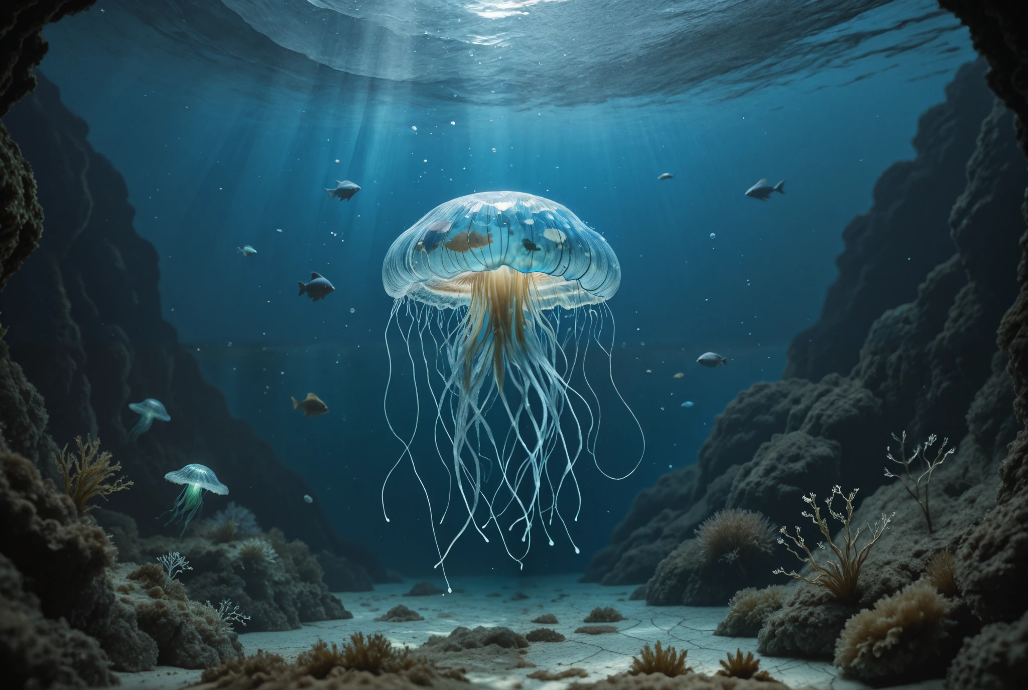 “A mesmerizing and surreal underwater scene with a smooth gradient of deep blue to glowing turquoise, creating a dreamlike atmosphere. Gentle ripples and light reflections dance across the water, forming intricate patterns. Ethereal marine creatures such as translucent jellyfish, bioluminescent fish, and elegant manta rays glide gracefully through the scene, their soft glows blending harmoniously with the gradient. Tiny bubbles rise gently, enhancing the sense of depth and mystery. The design is highly detailed, with rich textures and subtle color variations, making it both visually stunning and a challenging jigsaw puzzle. No text, only a pure artistic expression of an enchanting underwater world.”