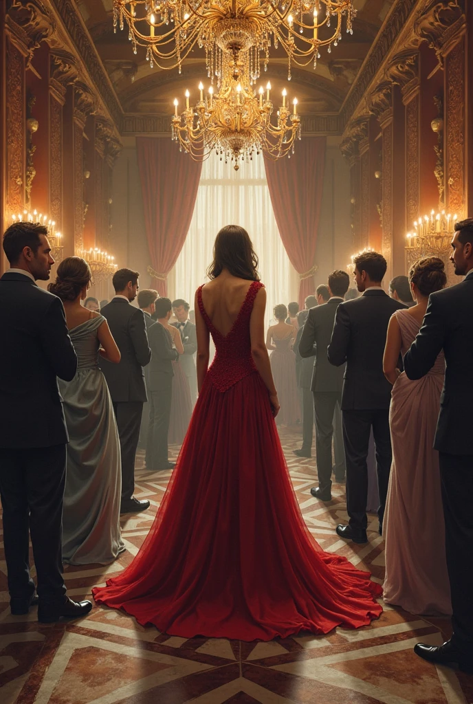 A beautiful girl standing on the main door wearing a beautiful floor length red dress, show her back only, make the vibe of the late evening, show some guests inside the house, make her figure a bit curvy