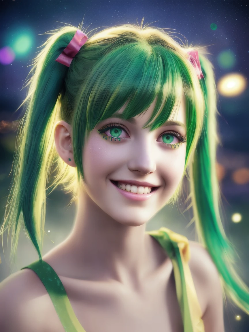 (banchan anime 1girl : 1.0), green eyes, (green hair_0.5), (yellow hair_0.9), (ombre hair_0.4), (banana hair bow_0.9), dynamic pose, duschenne smile