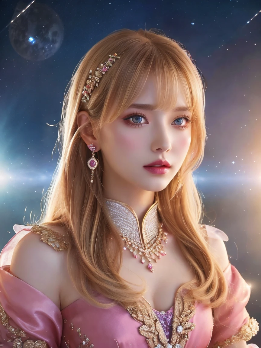 8k high quality wallpaper,Delicate droplets,A girl,Pool,cropped shoulders,Molded characteristic sense standing posture,full bodyesbian,Blurred,Cleavage is seductive,Extinction。The clothes are fitted with gold edges,Star-shaped purple pupils,Long wavy pink hair,The details were perfect,Elegant smile,Curled lips,Reflective art details