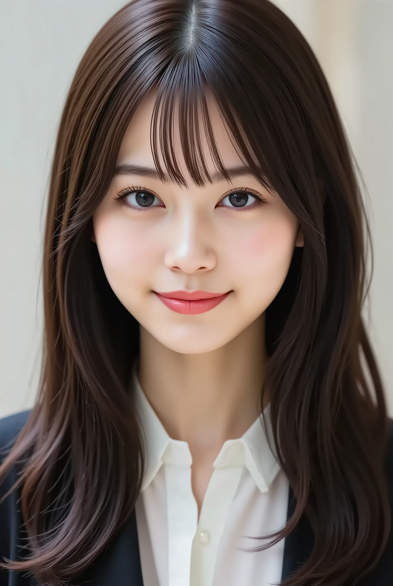 masterpiece, with the face positioned accurately in the center of the image, fine, clean skin、white blouse and black jacket,document background、long black hair, Bangs, smile, 8k, Tight chest