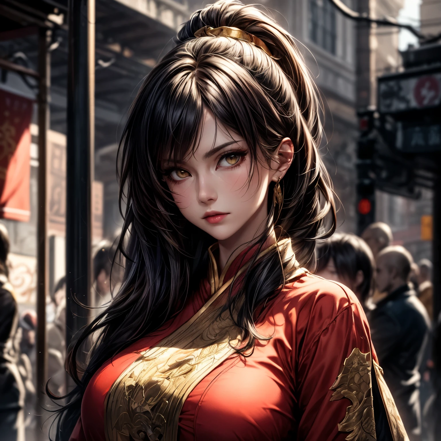 ((best quality)), ((Masterpiece)), ((Enrich the picture,Masterpiece level quality)), golden hair, high ponytail, very big breasts, golden eyes, fierce woman, ultra eyes details, best quality, RAW 4K, Realistically, ( cinematic lighting, moody, textile shading), perfect proportions, ultra detailed, volumetric lighting, soft lighting, glossy skin, beautiful face, Special face details, strong emotions, elegant gesture, Detailed facial features, Long eyelashes, contrast, Incredible atmosphere, Fascinating setting, Haunting beauty , Fei Yu_robes, red cloth , Gold Embroidery , black embroidered gold, Ancient Chinese scenery, full body,