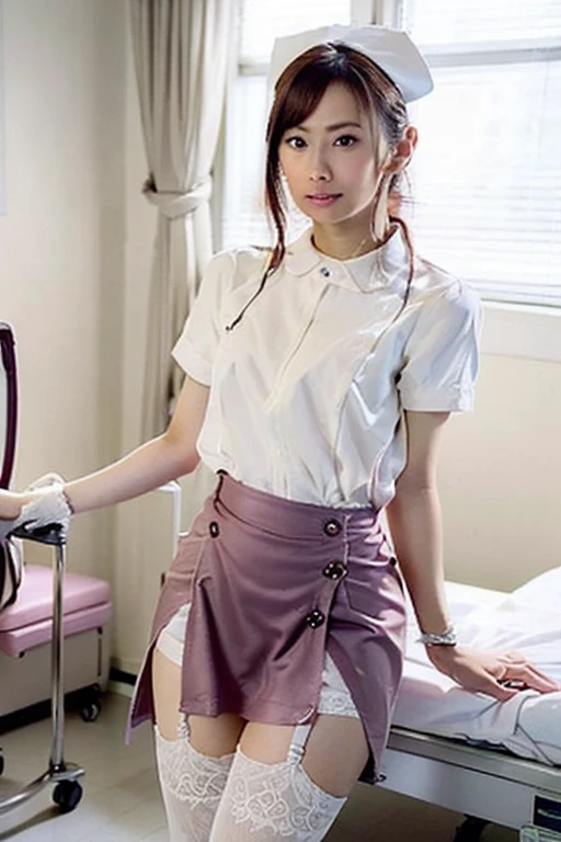 nsfw,nude,Open Chest,1 Female, nurse, nurse Cap, Whiteware, ((White legwear, zettai ryouiki)), White gloves, Pink lipstick, smile, Are standing, Sharp contours, Short sleeve, Highest quality, Tabletop, clinic、Browsing Caution,Focus on the thighs,Upturned nipples、Spread your legs wide、Angle from below、Crouching、hands on thighs