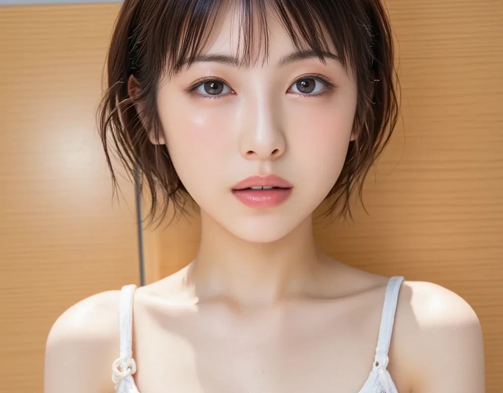 incredibly absurd, beautiful and cute 20-year-old Korean girl with a photorealistic face, showcasing top-quality craftsmanship. Her slender frame adorned with short, messy hair. The artwork high-resolution, allowing for ultra-detailed features to be captured flawlessly. The girl depicted naked. The focus lies on the realistic pupils, showcasing depth and emotion. ((breasts out))