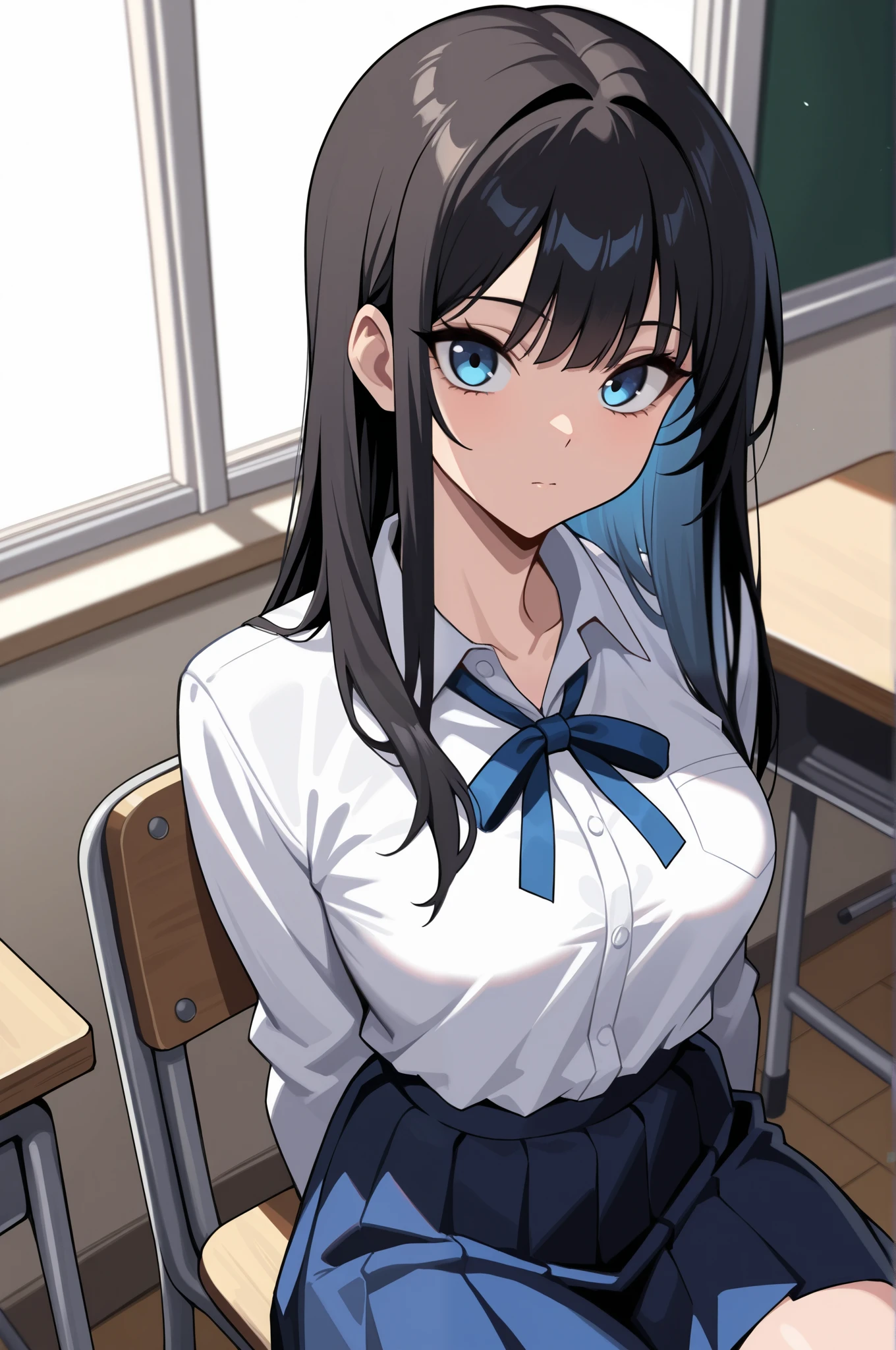 1girl,20s,blue eyes,solo,white blouse,black skirt,long hair,tail serpent,black hair,serious face,classroom