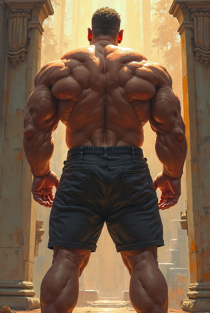 Hieronymus Bosch style, masterpiece, best quality,
Full body portrait of a handsome muscular middle eastern ethnicity 21 year old man, shirtless, flexing biceps, armpit hair, arabic nose, toseled hair, barefoot
((backround defocused)):1.4, (depth of field):1.4