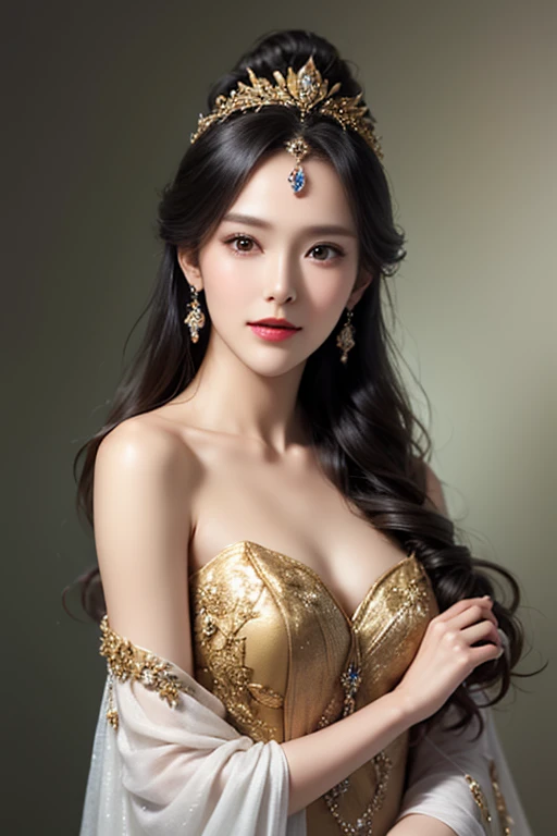 Top Quality, Ultra High Resolution, (Photorealistic: 1.4), Cinema Light, Depth of Field, Beautiful Face, (PureErosFace_V1:0.8), |1 Girl, Fan Bing, Woman in Red Dress and Gold Jewelry, Fan Bing Fashion, Colossal, White Cloak, Intricate Design, Cathedral Background, Extra Long Wavy Brown Hair, RAW, Beautiful Women, (detailed face), (detailed facial features), (fine detailed skin), pale skin, (masterpiece), perfect proportions, realistic photo, full shot, full body, (body portrait), ((with bouquet)),