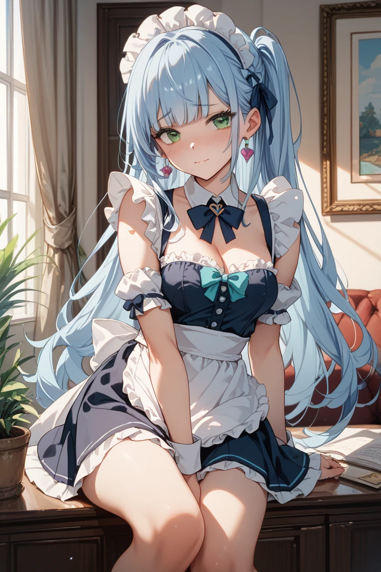 score_9, score_8_up, score_7_up, source_anime, masterpiece, absurdres, big breasts:0.5, perfect face, cleavage, solo, 1girl, cute expression, amused, smiling, background: bedroom, bare shoulders, white pantyhose, bowtie, rabbit ears, blue leotard:1.3, wrist cuffs, strapless, detached collar, fake animal ears, playboy bunny, black bowtie, alya, long hair, silver hair, ahoge, crossed bangs, sidelocks, blue eyes