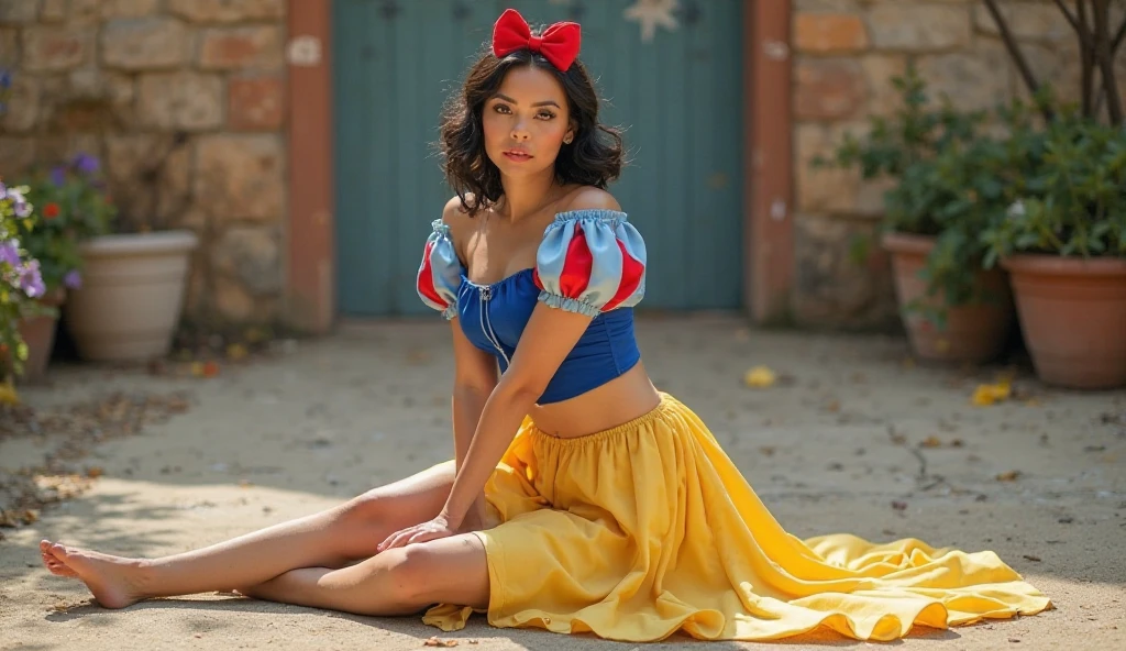 One girl, Dynamic pose, Dynamic Views, Esmeralda open thighs,smile, hair band, Exposing shoulders, dress, puffy short sleeve, corset, Purple Skirt, Long skirt,(((Realistic, Ultra-realistic, RAW Photos:1.2))),masterpiece, Highest quality, Intricate details, 8K Ultra HD, Perfect Face, Perfect Eyes,(shoot from below),wind from below,clear sky,puffy nipples,(white panties),