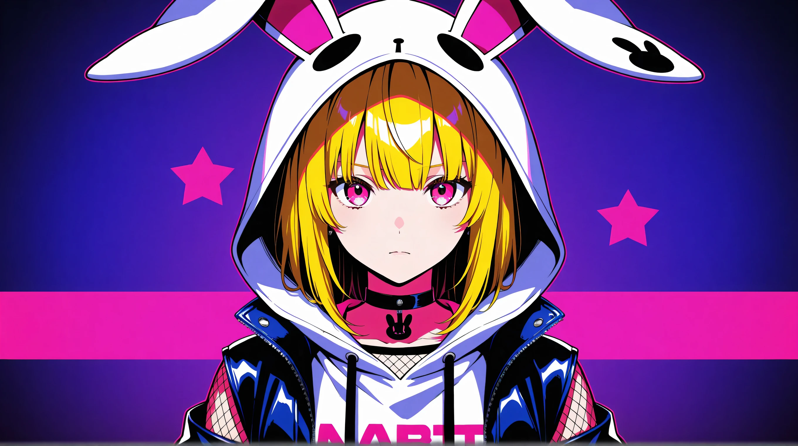 Gothic, magical girl, blonde hair, pink eyes,popart,neon,harajuku rabbit ear jacket, white hoodie, hood up, rabbit ears,Goth, Emo, Alt, Choker, Fishnets,
(Absurdres:1.2), best quality,