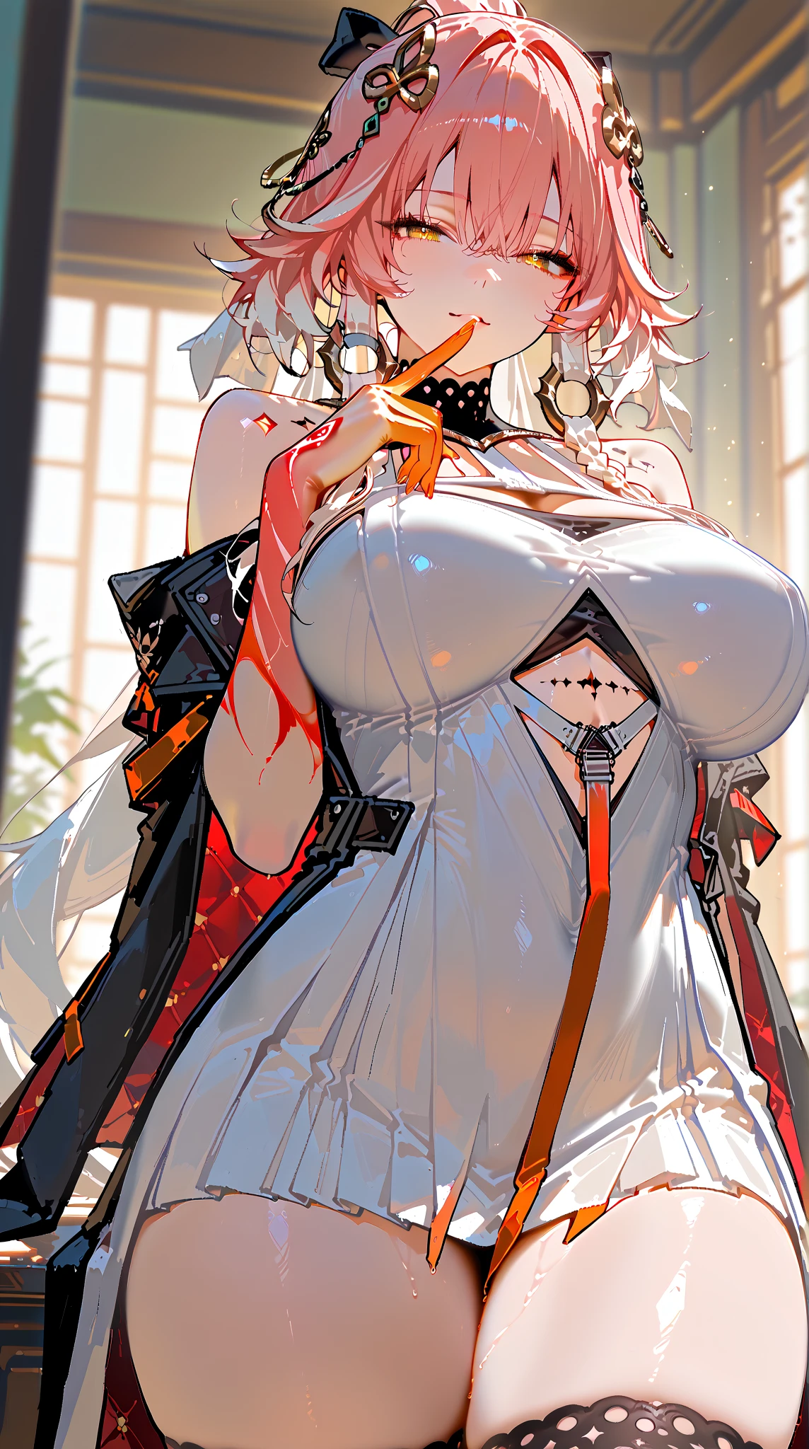 White hair, Red eyes, Long hair, , exposed , Messy clothes, Huge tits, Huge breasts, Octopus infested snake demon slave maid after rape pale drooling bleeding longing to be lucky