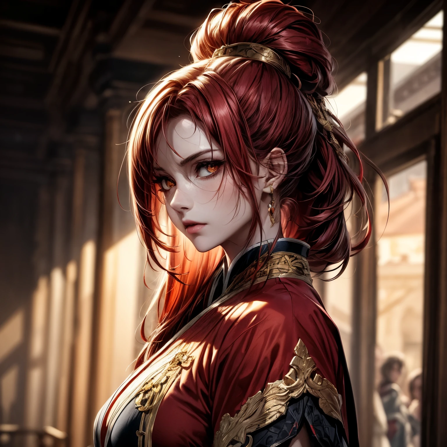 ((best quality)), ((Masterpiece)), ((Enrich the picture，Masterpiece level quality)), red hair, high ponytail, very big breasts, golden eyes, fierce woman, ultra eyes details, best quality, RAW 4K, Realistically, ( cinematic lighting, moody, textile shading), perfect proportions, ultra detailed, volumetric lighting, soft lighting, glossy skin, beautiful face, Special face details, strong emotions, elegant gesture, Detailed facial features, Long eyelashes, contrast, Incredible atmosphere, Fascinating setting, Haunting beauty , Fei Yu_robes， red cloth ， Gold Embroidery ， black embroidered gold,  Ancient Chinese scenery, hanfu, full body,