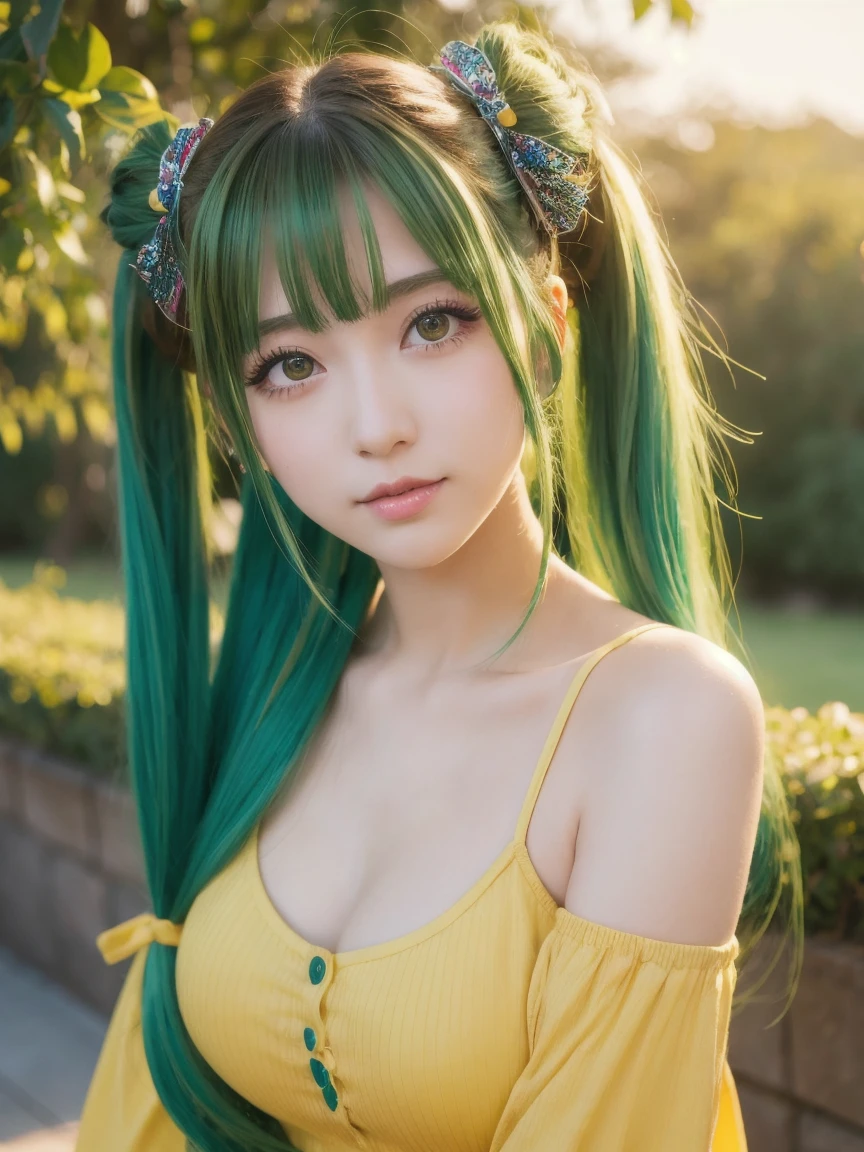 bright green hair、cat girl、look at the camera、8K、highest quality、dance、luxury lace dress、Russian half、beautiful eyes、23 years old、smile、natural cat ears、whole body、Life-size、