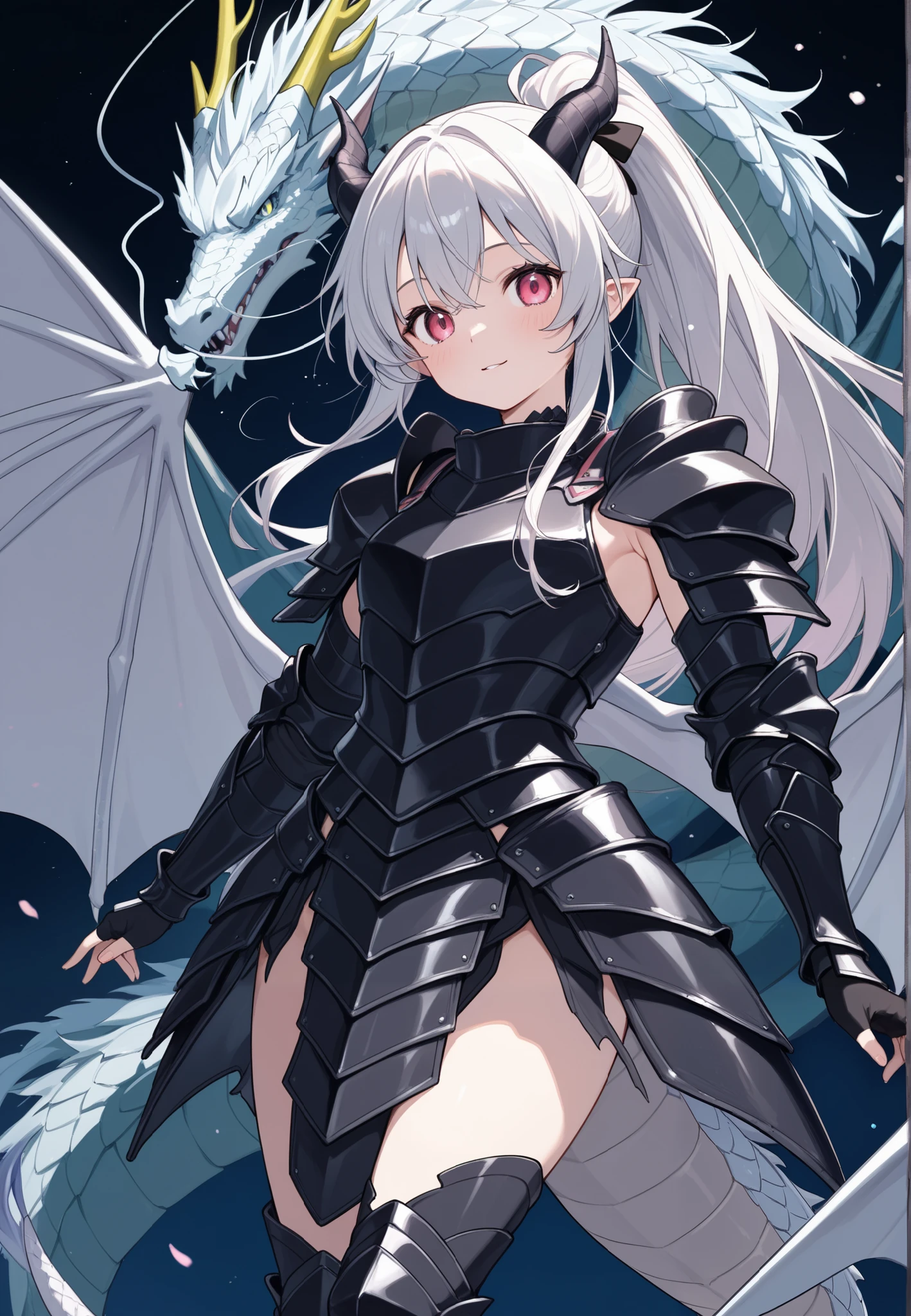 long silver hair 、 twin-tail hairstyle、Big dragon in the background、Dragon Girl、dragon horns、 Dragon Wings 、 dragon tail 、 Dragon Scales 、ponytail、 eye、 Dragon Armor、Dragon Armor、Dragon's Claw、 is small 、black armor、Dragon Breath、flying、空を飛ぶtwin-tail hairstyleの美少女 、Floating in the air、