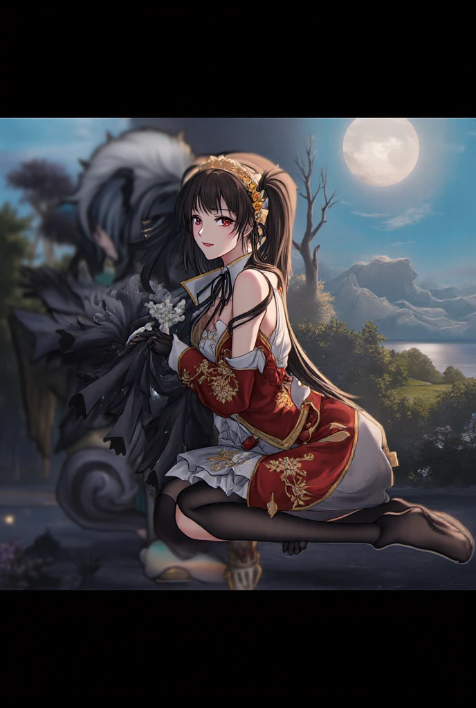 Dark-skinned female characters,(Extremely refined:1.5),1 Girl, sitting in water,Purple Eyes, The head has jet-black goat horns,Black Hair,Long curly hair,Sharp teeth,Smile,Tiger Teeth,Foot washing,Pantyhose,No shoes,ethereal and graceful