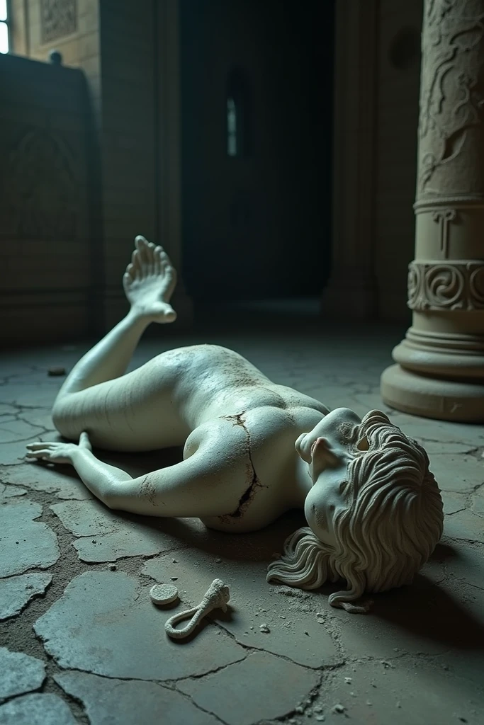 Cel-shaded anime style,A nude girl statue made of yellow stone,whole body,Realistic stone statue,Cracked,Stone Skin,Broken right leg,Beautiful ,Sculpture of hair,Completely naked,Stone Eyes