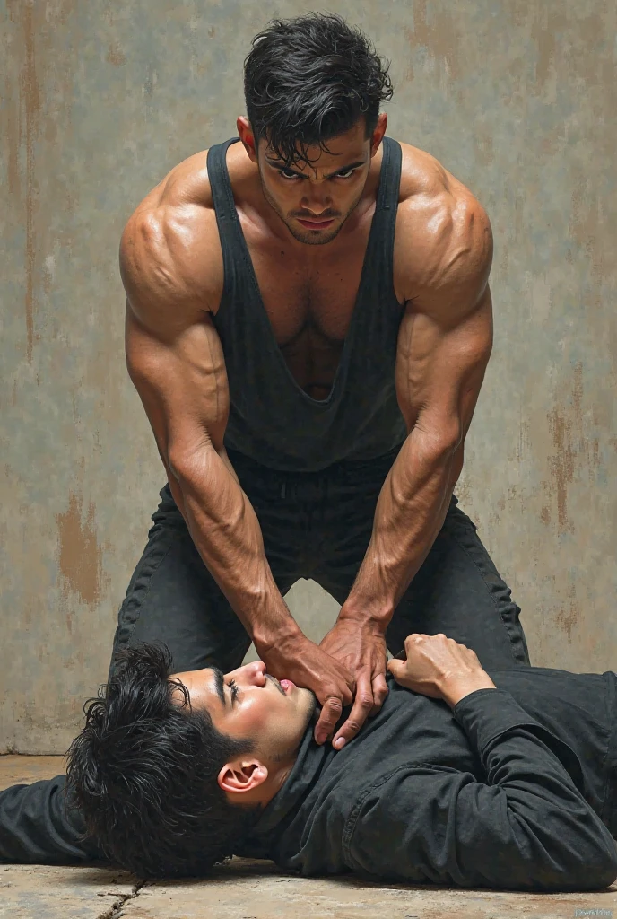 A teen sexy shirtless boy wearing fit pants sitting on the top of the belly of a lying guy while placing feet on his face