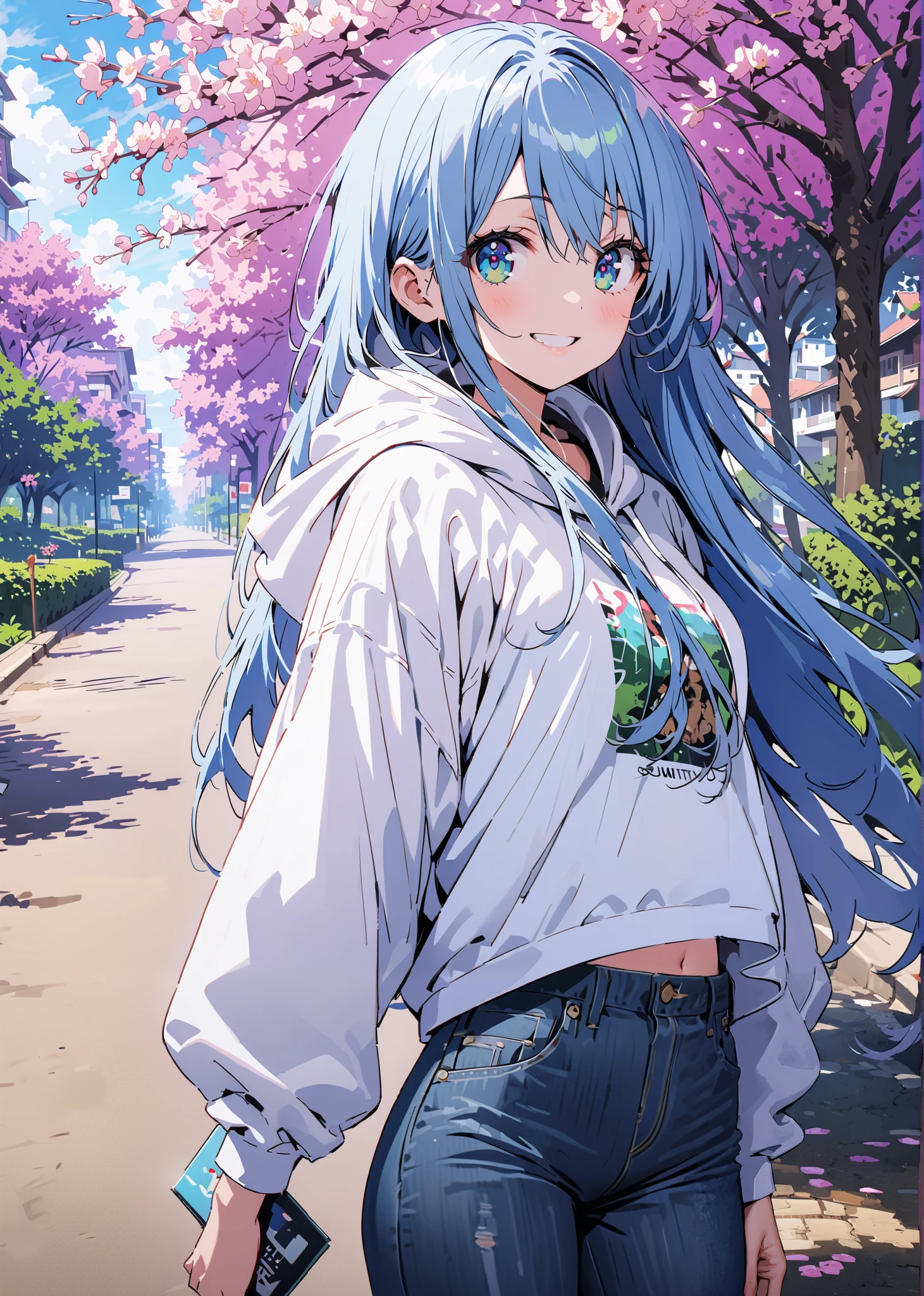 score_9, score_8_up, score_7_up, source_anime, Prohibited bibliography, green eyes, blue hair, long hair,Baseball hats, Oversized white hoodie,short outerwear，skinny jeans,sneakers,cherry blossoms,Trail,standing,,Beautiful Scenery,smile,cover, grin , lower back holding a book,morning,morning日,so that the whole body fits into the illustration,                       break outdoors, garden,
break looking at viewer,
break (masterpiece:1.2),best quality , kampala, Unity 8K Wallpaper ,(shape:0.8),(  fine, beautiful eyes  :1.6),It's a person ,full body photo,CG Details , (perfect hands,complete anatomy),