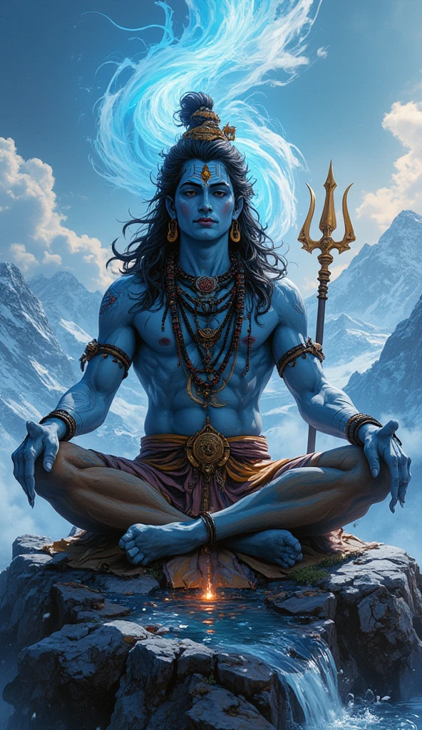 A detailed and majestic image of Lord Mahadev (Shiva) in his traditional Pauranik (mythological) form. He is seated in a meditative pose on Mount Kailash, with the sacred Ganga flowing from his matted hair. His third eye is slightly open, symbolizing his divine knowledge. He wears a serpent around his neck and holds a trident (trishul) in one hand. His skin is ash-colored, symbolizing his association with asceticism, and he is adorned with Rudraksha beads. Behind him, a radiant aura of light highlights his divine nature, with snow-capped peaks of the Himalayas in the background. The sky above is adorned with stars and a crescent moon rests on his forehead. The scene should evoke a sense of calm, power, and divinity.
**Image size**: 1024x1024