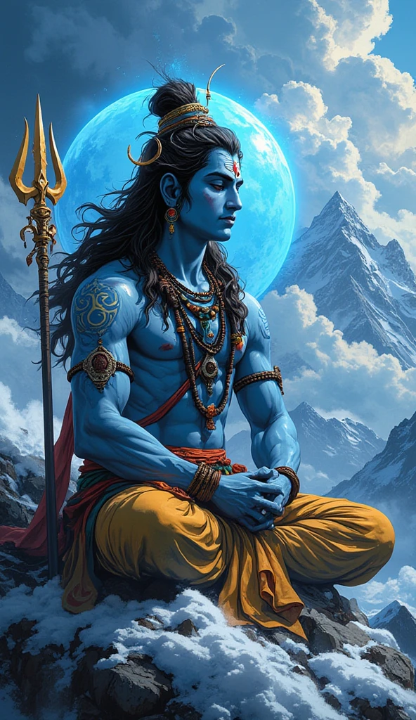 ((best quality)), ((masterpiece)), (detailed), lord shiva sitting at the top giving blessings upon the land, lush grass with flowing river beautiful, Realistic, life like , amazing , sun rise , with mountains and lush forest in the background, shiva is sitting cross legged. With Cresent on the head. Cobra sitting with shiva , add a trident in shivas hand upright on his left hand. On the right hand shivas blessings must be given with sun rays. Shivas palm must be facing forward. Snow topped mountains, lord shiva must have blue skin. Below lord shiva is lord Hanuman, Lord Hanuman is sitting cross legged in a natural position, lord Hanuman has a golden mace in his hand. Lord shiva has a cobra and peacock next to him. Full image , wallpaper. 2 people, blessings, realistic, classic , warmth.