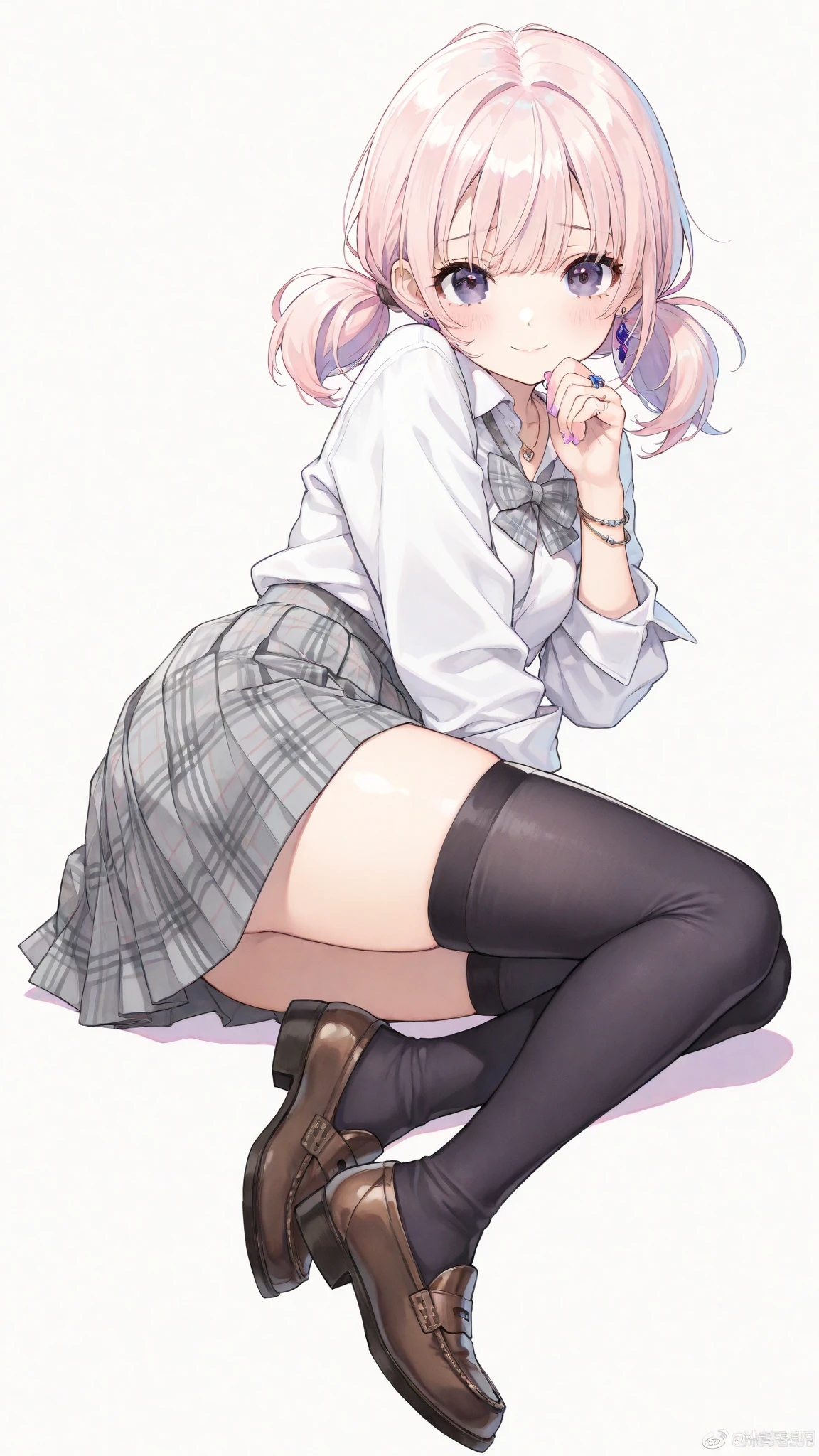 1girl in、A smile、A delightful! The shirt、pleatedskirt、White skirt、(small tits)Squatting panchira、