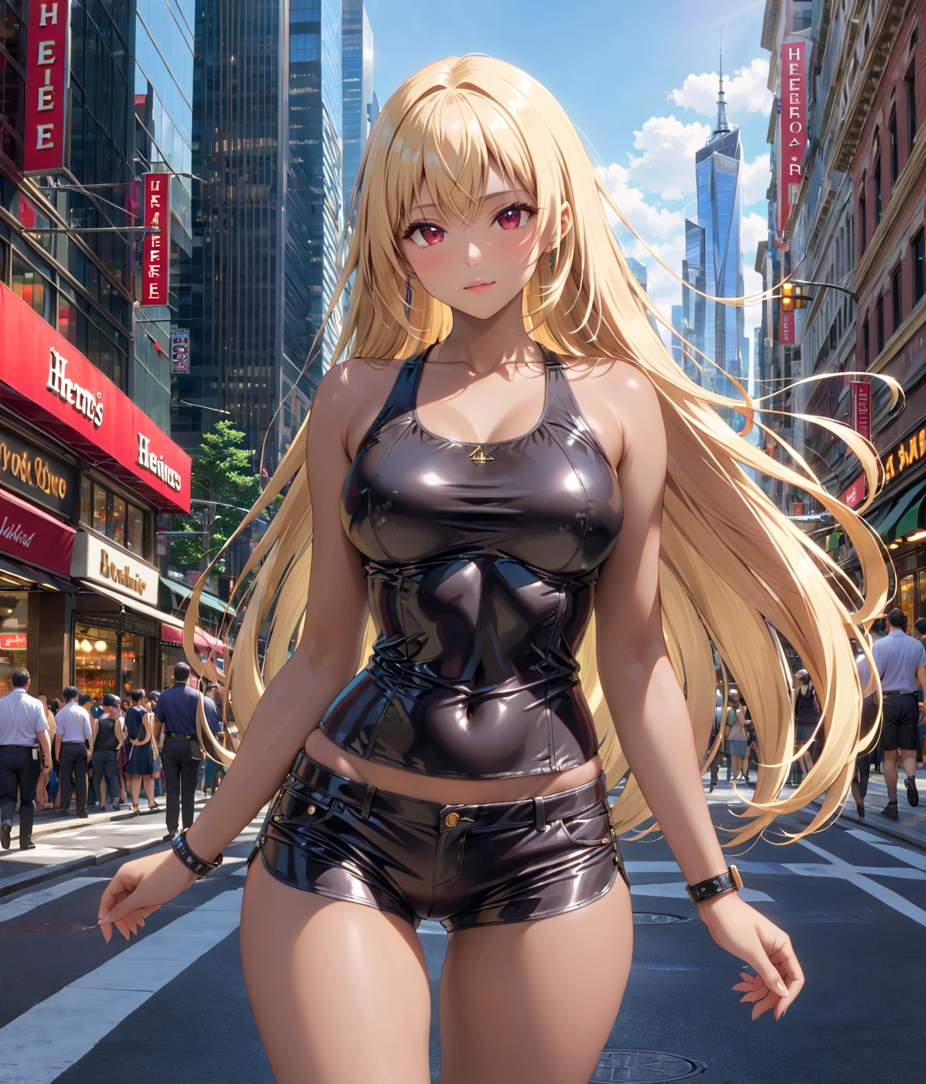 sensual, long wavy blonde hair, thick thighs, 8K, 4K, highest quality, High resolution:1.2), cute anime face, noise reduction, shining blue eyes, gentle smile, kind eyes、toned abdominal muscles, muscular arms, muscular legs, young face, anime eyes, (((big breasts、Breasts that are about to burst)))、(((Bondage style)))、(((Rear view、Turning around、emphasize the buttocks、T-back that digs into your butt)))