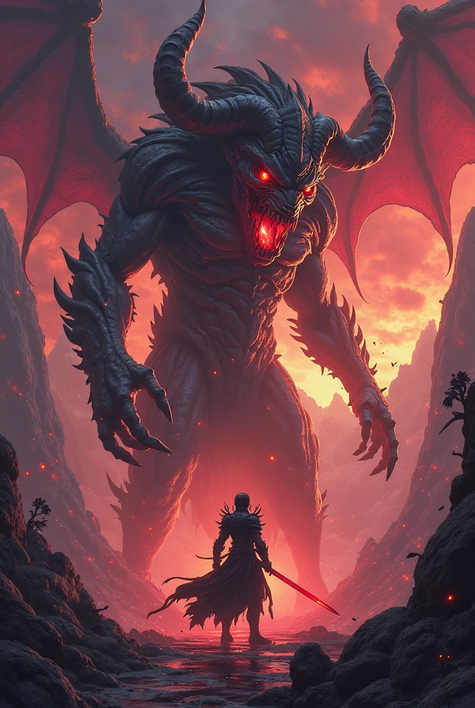 The Battle with Malakar:"An epic battle scene in the heart of a cave. A fierce-looking demon with dark, fiery wings and glowing red eyes clashes with a young warrior holding a brilliant, glowing amulet. The cave around them is filled with swirling energy and the clash of light and shadow."