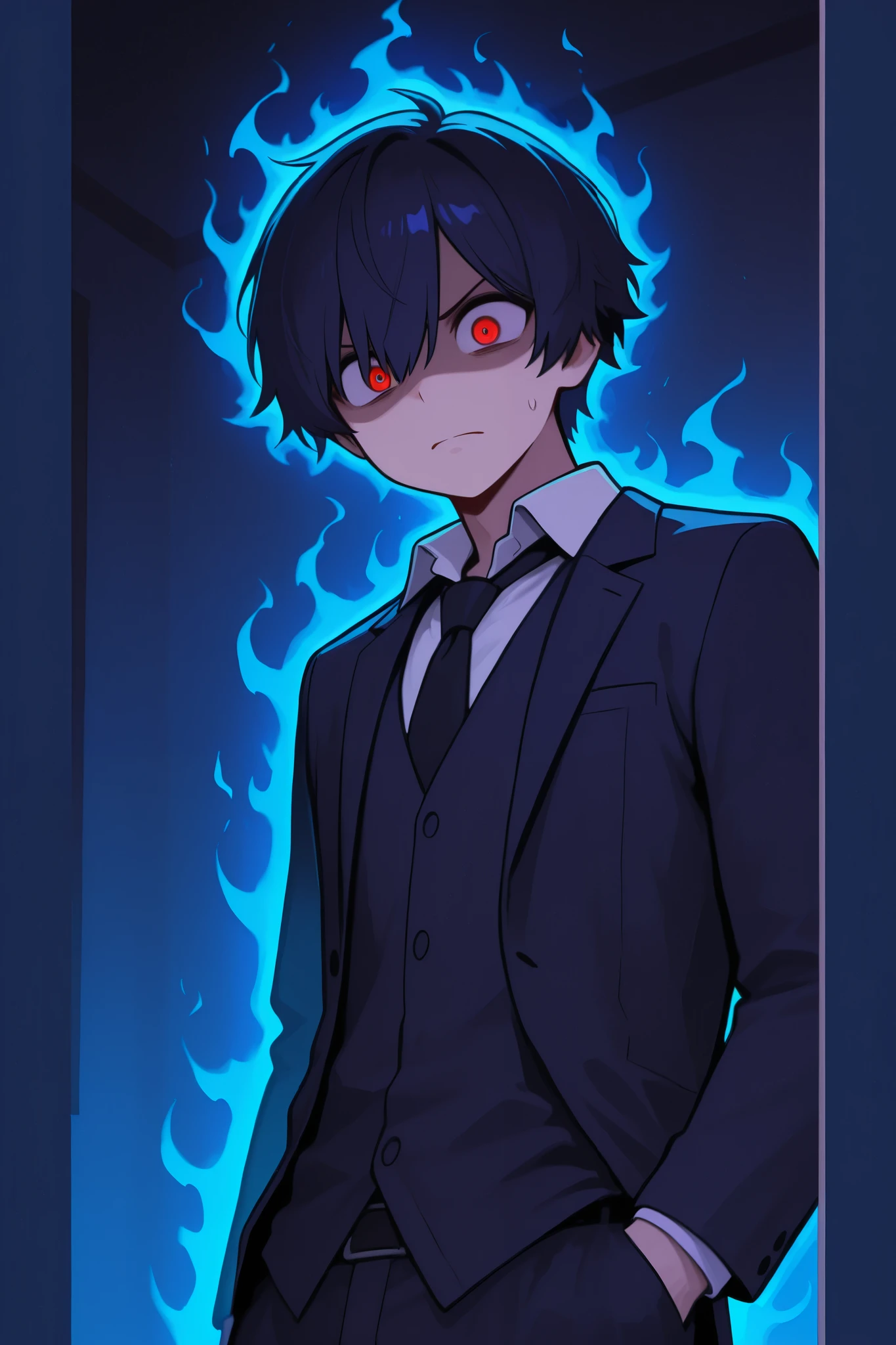 Create a character of a boy with a hidden superpower, whereby in a moment of anger, the boy's right eye turns red, in addition to a blue aura around his body.