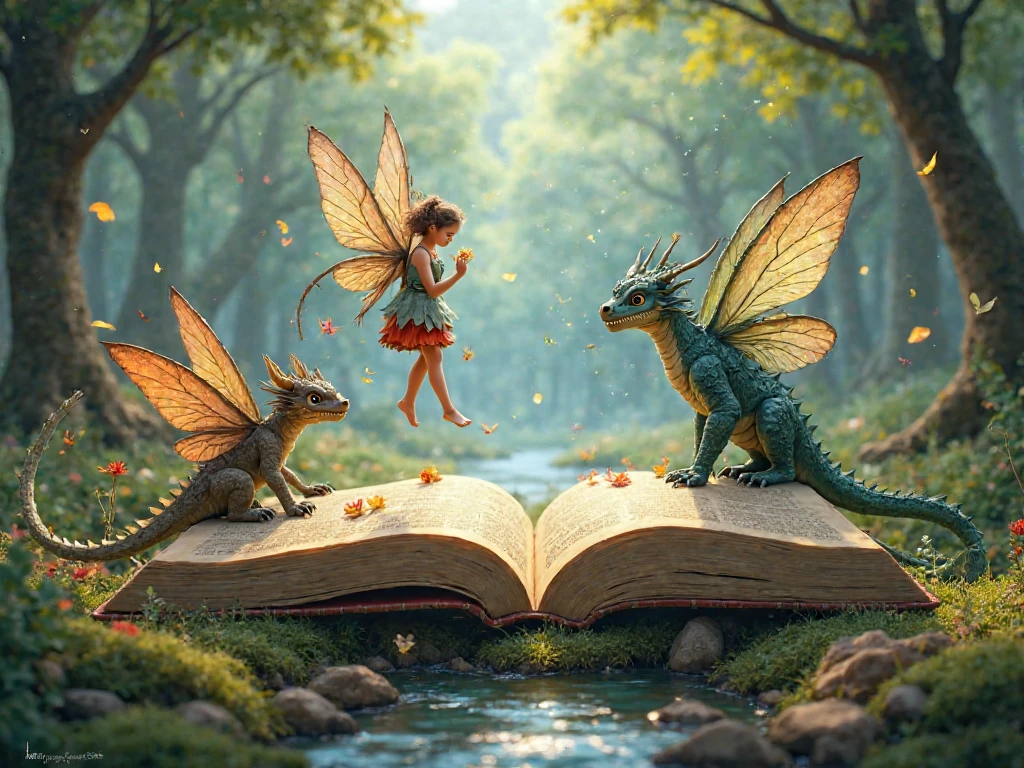 Photo of the magical world in an open book, a small fairyland with fairies coming out of an open book, an open book lies on the table, inside an open book there is a fairyland with fairies with their own details, High depth of field, Hi-Def, Extremely realistic, Extremely detailed, cinematic treatment, HDR, Photorealistic, tmasterpiece