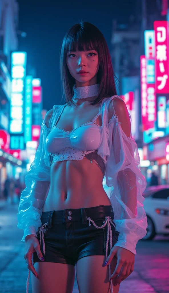 (ultrarealistic, high resolution cyberpunk, Best Quality, 4k, professional, cowboy shot), an image of a full character in a neon lit area, beauty eyes, sharp eyes. Your Asymmetrical Pixie Hairstyle, silver hair, short hair, And the left-facing bangs with red highlights make her stand out... in the fluorescent white jacket, fluorescent white short shirt and black shorts, Chinapunk, cryptic academy, album covers, urban landscape, light purple and white, Right now