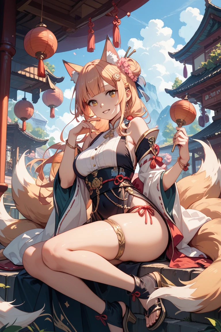 Beautiful girl with orange-yellow hair color,curlies,short detailed hair,High ponytail,cat ear,Beast Girl,He was dressed in bloodstained clothes, Ancient yellow and white long-sleeved training clothes,A knife hidden in clothes,open waist,Wear yellow and black shorts,White stockings stained with blood,without wearing shoes,assassins,Sunny smile,Tall and tall,at dusk at golden hour,Sitting in an ancient Chinese courtyard covered in blood,Bodies are everywhere,dark stormy clouds,China-style,huge tit,抖S,Full body photo,Extremely thin,extremely hyper,assassins,The legs are very thin,Best quality at best,High- sharpness,tmasterpiece,Holding a blood-stained short knife,His body was covered in blood,Sick,Heterochromic pupils,morbid,murderer,extremely hyper,Heterochromic pupils,being thin,Be covered in blood,Bodies are strewn across the field,blood vess,Cat demon,Long cat tail,Leprechaun,Cat woman,sit on a bed,seductiv,Raised sexy,The complexion is flushed