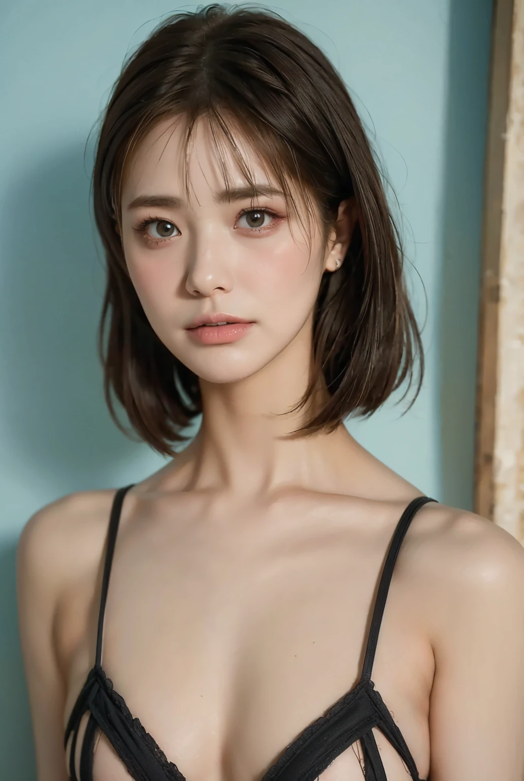 (masterpiece),(highest quality:1.1),(Very detailed), In detail, slim,(Very delicate and beautiful face), (Short eyelashes), 16 years old、Japanese women、very cute, Party Dresses、(short hair, messy hair), medium breast, The corners of the mouth are slightly raised, nsfw, (embarrassed)、Thin Necklace, (looking at viewer), shot from above