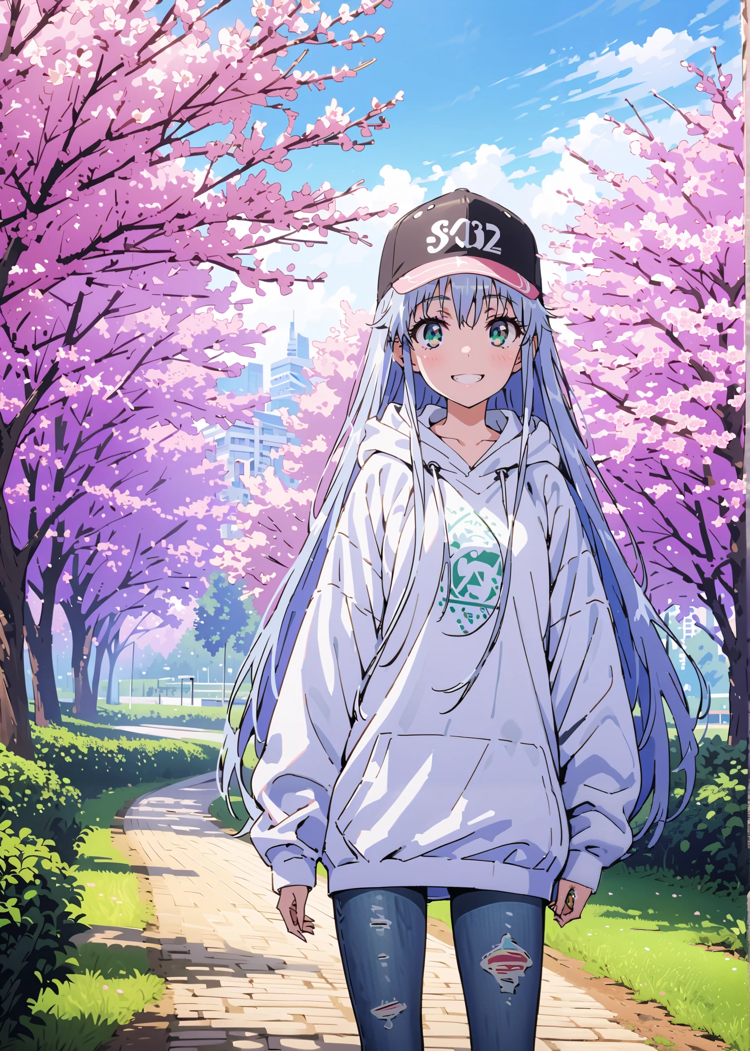 score_9, score_8_up, score_7_up, source_anime, Prohibited bibliography, green eyes, blue hair, long hair,Baseball hats, Oversized white hoodie,short outerwear,skinny jeans,sneakers,cherry blossoms,Trail,standing,,Beautiful Scenery,smile,cover, grin , lower back holding a book,morning,morning日,so that the whole body fits into the illustration, break outdoors, garden,
break looking at viewer,
break (masterpiece:1.2),best quality , kampala, Unity 8K Wallpaper ,(shape:0.8),( fine, beautiful eyes :1.6),It's a person ,full body photo,CG Details , (perfect hands,complete anatomy),